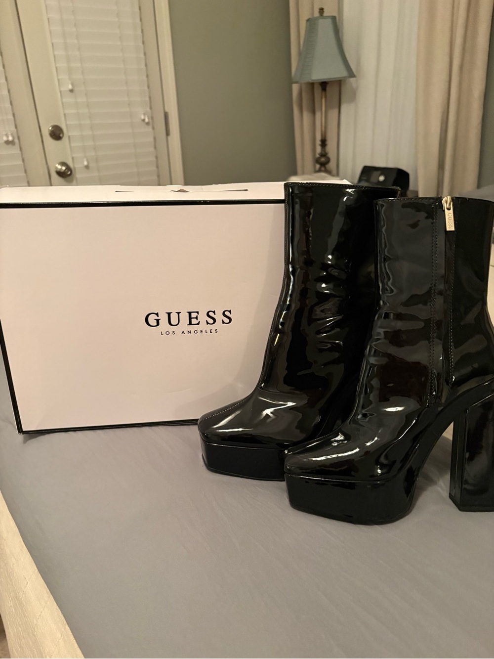 GUESS Black Patent Platform Ankle Boots with Block Heel